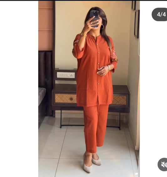 Burnt Orange Co-ord Set with Embroidery