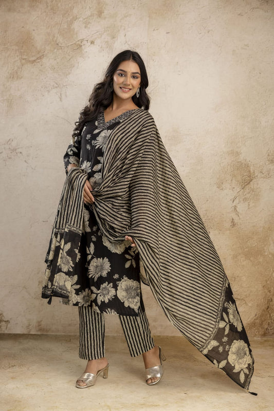 Black and Off-White Printed Kurta Set