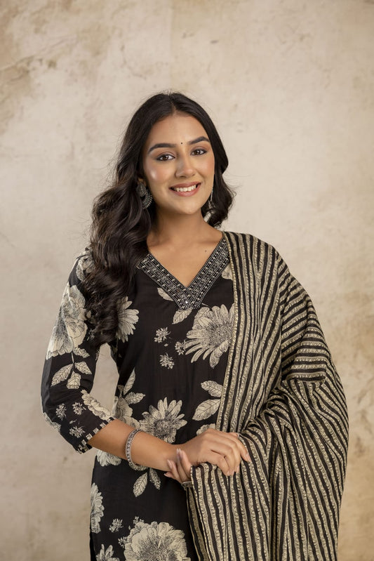 Black and Off-White Printed Kurta Set