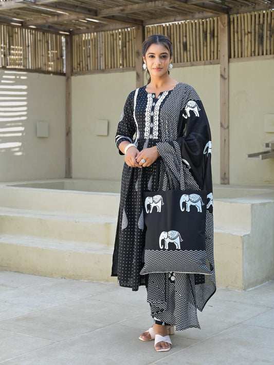 Black and White Printed Kurta Set