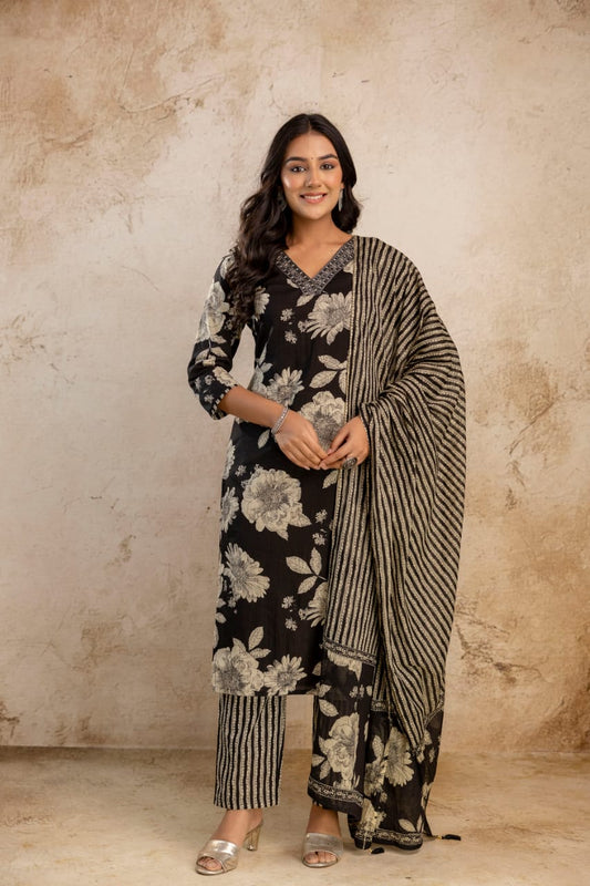 Black and Off-White Printed Kurta Set