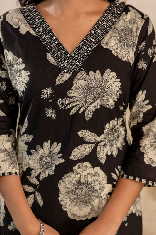 Black and Off-White Printed Kurta Set